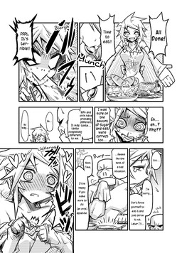 condom dialogue duo eating female food humor male not_furry sexual_barrier_device text jin_(mugenjin) elfxorc elf humanoid orc comic english_text hi_res monochrome