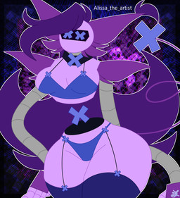 bra breasts clothing collar cross ear_tuft female fluffy hair hand_on_hip legwear lingerie long_ears long_hair long_tail machine medium_breasts mouthless panties pose purple_hair robotic_arm seductive simple_background solo tail text thick_thighs thigh_highs tuft underwear wide_hips alissa_the_artist coco_(alissa_the_artist) fan_character domestic_cat felid feline felis humanoid mammal robot robot_humanoid absurd_res artist_name hi_res pinup signature