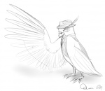 ambiguous_gender claws clothed clothing feathered_wings feathers feet feral hat headgear headwear mobster solo suit talons toes wings oonami avian bird falcon falconid 2012 monochrome sketch