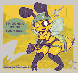 anthro armor dialogue female gun headgear helmet holding_gun holding_object holding_ranged_weapon holding_weapon ranged_weapon soldier_helmet solo speech_bubble stinger text weapon lizardfungus athena_connors arthropod bee hymenopteran insect english_text