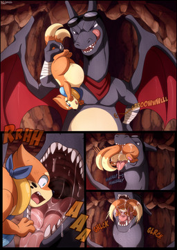 anthro belly black_body bodily_fluids duo eyewear feral feral_pred goggles in_mouth larger_pred licking licking_lips male male/male mouth_shot navel neck_bulge open_mouth oral_vore overweight overweight_male partially_inside rumbling_stomach saliva sharp_teeth size_difference tail teeth throat tongue tongue_out vore wings incredibleediblecalico nintendo pokemon buizel charizard generation_1_pokemon generation_4_pokemon pokemon_(species) digital_media_(artwork) hi_res