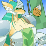 1:1 animated anthro armor banner big_breasts boob_armor breastplate breasts canid canine cleavage clothed clothing combat_helmet concon-collector female fox fur gauntlets gloves green_hair hair handwear headgear helmet huge_breasts inner_ear_fluff koruka long_hair looking_at_viewer low_res mammal no_sound official_art paladin_fox_yvonne short_playtime solo translated_description tuft webm