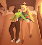 anthro antlers bed bedding bedroom blanket blonde_hair blue_eyes blush bottomwear brown_body brown_bottomwear brown_clothing brown_fur brown_hair brown_pants buckteeth checkered checkered_clothing clenching_sheets clock clothed clothing curtains doe_with_antlers duo feet female fingering footwear freckles fur furniture genitals green_clothing green_sweater green_topwear hair hair_over_eyes hand_in_panties hand_in_underwear hand_on_belly holding_penis hooves horn long_hair lying male male/female masturbation mutual_masturbation notebook on_back on_bed open_mouth panties pants pattern_clothing pencil_(object) pencil_holder penis red_nose skirt socks sweater table teeth topwear underwear white_clothing white_footwear white_socks window yellow_body bingbingo_(artist) deltarune undertale_(series) kris_(deltarune) noelle_holiday deer human mammal absurd_res hi_res signature