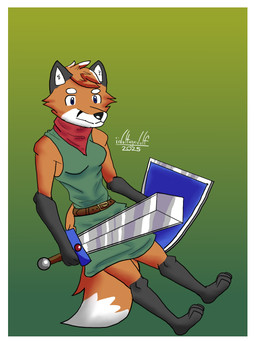 4_toes anthro belt black_nose blue_eyes border breasts clothing countershading feet female fur gloves_(marking) green_clothing green_shirt green_topwear green_tunic hair head_tuft kerchief leg_markings markings medium_breasts melee_weapon neckerchief neckwear orange_body orange_fur orange_hair shield shirt simple_background socks_(marking) solo sword toes topwear tuft tunic weapon white_border iivoltagewolf tunic_(video_game) ruin_seeker canid canine fox mammal 2025 3:4 digital_media_(artwork) hi_res portrait signature