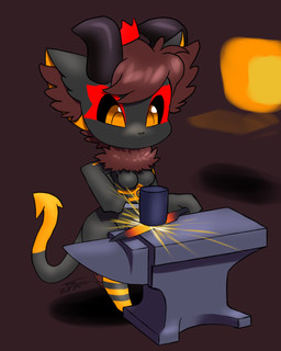 anthro anvil breasts brown_hair chibi crown female forge_(hearth) forging fur grey_body grey_fur hair hammer headgear horn markings melee_weapon orange_body orange_fur solo sword tools weapon furball monster 2025 4:5 hi_res