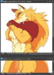 abs anthro biceps blush clothed clothing eyes_closed fur japanese kemono male muscular muscular_anthro muscular_male partially_clothed pecs solo text 1boshi canid canine fox mammal japanese_text