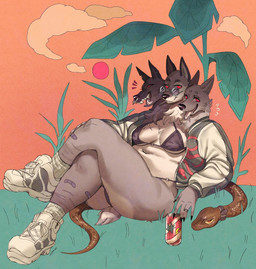 3_heads anthro band-aid bandage belly big_breasts bikini bikini_top breasts cigarette cigarette_in_mouth clothing eyewear facial_piercing female glasses group jacket multi_head nose_piercing object_in_mouth orange_background piercing red_eyes scar septum_piercing simple_background sitting sitting_on_ground swimwear thick_thighs topwear trio two-piece_swimsuit wolfertinger european_mythology greek_mythology mythology darle_(puppkittyfan1) luca_(puppkittyfan1) thorn_(puppkittyfan1) canid canid_demon canine canis cerberus demon hellhound mammal mythological_canine mythological_creature reptile scalie snake wolf hi_res