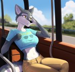 anthro breasts clothed clothing crop_top curvy_anthro curvy_female curvy_figure female fur grey_body grey_fur hourglass_figure hourglass_figured_anthro hourglass_figured_female midriff multicolored_body multicolored_fur navel public_transportation shirt sitting skimpy skimpy_topwear smile solo topwear two_tone_body two_tone_fur white_body white_fur wide_hipped_anthro wide_hipped_female wide_hips yellow_eyes rusa illumination_entertainment sing_(movie) porsha_crystal canid canine canis mammal wolf 2023 hi_res