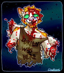 abstract_background anthro blonde_hair blood_on_chest blood_on_head blood_on_neck brain brown_clothing brown_topwear clothed clothing front_view fur gore green_eyes hair male organs solo topwear white_body white_fur wounded yellow_body yellow_fur 0ct0m0n0 felid mammal