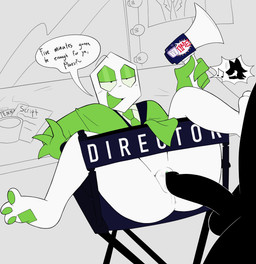 andromorph animal_ears anthro bedroom_eyes black_body chair clothing crossgender duo furniture genitals green_clothing green_eyelids green_pawpads intersex intersex/male male megaphone musical_note musical_symbol narrowed_eyes pawpads paws penetration penis seductive sex symbol vaginal vaginal_penetration white_body earthpossum deltarune undertale_(series) cat_mike_(deltarune) mike_(deltarune) small_mike_(deltarune) humanoid pippins_(deltarune) shadowguy_(deltarune) hi_res