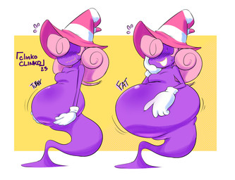 belly belly_expansion belly_poke big_belly blush blush_lines bodily_fluids breasts clothing embarrassed expansion female gloves hair hair_over_eyes hand_on_cheek handwear hat headgear headwear holding_belly holding_own_belly legless looking_at_own_belly mostly_nude nervous obscured_eyes overweight overweight_female overweight_humanoid pink_hair purple_body simple_background small_breasts solo split_form sweat sweatdrop text three-quarter_view weight_conscious weight_gain white_clothing white_gloves white_handwear witch_hat yellow_background clinkoclinko mario_bros nintendo paper_mario vivian_(mario) ghost humanoid shadow_siren spirit 2023 digital_media_(artwork) english_text hi_res sequence signature