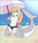 anthro ball beach beach_ball bedroom_eyes bikini bikini_bottom blonde_hair blue_sky clothing femboy feminine grey_body hair hand_behind_head hand_on_chest highlights_(coloring) inflatable light lips male narrowed_eyes orange_eyes orange_highlights sand sea seductive shark_tail sky smug smug_expression smug_face smug_grin solo sun sunlight swimwear tail thick_tail thick_thighs two-piece_swimsuit umbrella water white_body caramelfox leon_the_great_white_shark fish marine shark absurd_res hi_res