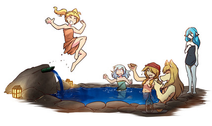 alcohol anthro bathing beverage casual_nudity convenient_censorship female group hair hair_covering_breasts hot_spring jumping lamp lantern licking navel nude sake sitting standing tongue tongue_out towel towel_wrap water conditional_dnp tom_fischbach atlus etrian_odyssey sega bushi animal_humanoid human humanoid mammal adobe_photoshop_(artwork) colored digital_media_(artwork)