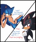 anthro balls black_body black_border black_fur blue_body blue_fur blush border clenched_teeth clothing crossed_arms dialogue duo erection flirting fur genitals gloves handwear male male/male nude penis simple_background smile smirk teeth text leylahshan sega sonic_the_hedgehog_(series) shadow_the_hedgehog sonic_the_hedgehog eulipotyphlan hedgehog mammal 2021 digital_media_(artwork) english_text hi_res signature