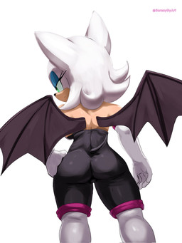 anthro armwear bodysuit boots breasts butt clothed clothing elbow_gloves eyelashes eyeshadow female footwear fur gloves hair half-closed_eyes handwear makeup membrane_(anatomy) membranous_wings narrowed_eyes rear_view shoes simple_background skinsuit smile solo standing tail tight_clothing wings soranygyart sega sonic_the_hedgehog_(series) rouge_the_bat bat mammal digital_media_(artwork) hi_res