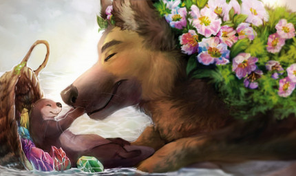 ambiguous_feral ambiguous_gender brown_body brown_fur closed_smile crystal duo eyes_closed feral flower fur mouth_closed partially_submerged plant side_view smile tan_body tan_fur whiskers chumbasket canid canine canis domestic_dog mammal mustelid otter