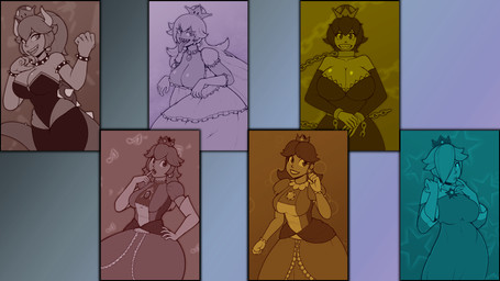 alternate_species armwear bracelet breasts cleavage clothed clothing collar crossgender crown elbow_gloves female gloves group hair handwear headgear humanoidized jewelry long_hair sharp_teeth spiked_bracelet spiked_collar spikes super_crown teeth freepancakes bowsette_meme luigi's_mansion mario_bros nintendo super_mario_galaxy boosette bowser king_boo princess_daisy princess_peach rosalina_(mario) animal_humanoid boo_(mario) chain_chomp ghost humanoid koopa koopa_humanoid scalie scalie_humanoid spirit 16:9 4k absurd_res hi_res meme widescreen