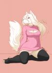 anthro biped breasts cleavage cleavage_cutout clothed clothing cutout female fur hair keyhole_turtleneck kneeling legwear looking_at_viewer panties pink_background pose red_eyes simple_background solo stockings sweater thigh_highs topwear turtleneck underwear white_body white_fur white_hair lunarez kitsu_(lunarez) canid canine fox mammal 2017