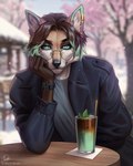 anthro beverage black_clothing black_jacket black_topwear blue_eyes blue_hair brown_hair clothing dipstick_ears ear_markings ear_piercing front_view fur grey_clothing grey_topwear hair jacket male mouth_closed multicolored_ears multicolored_hair orange_body orange_fur outside piercing solo text topwear two_tone_hair white_body white_fur marie_merkh canid canine mammal artist_name hi_res signature