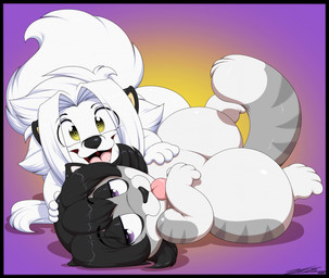 anthro black_border black_hair blep border chibi duo fur gradient_background grey_stripes hair half-closed_eyes male narrowed_eyes open_mouth open_smile simple_background smile striped_body striped_fur stripes thick_thighs tongue tongue_out white_body white_fur wide_eyed wide_hips deonwolf deon_(deonwolf) tizz_(torcholski) canid canine canis domestic_cat felid feline felis mammal wolf 2024 digital_media_(artwork) hi_res