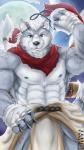 abs anthro athletic bandage belt biceps big_muscles biped black_nose blue_eyes clothed clothing eyebrows flexing front_view fur grey_body grey_fur grey_nipples grin hair looking_at_viewer male moon muscular muscular_anthro muscular_male nipples pecs pose ranged_weapon robe scarf shuriken smile solo standing topless weapon white_body white_fur white_hair cinna-tree canid canine canis mammal wolf hi_res