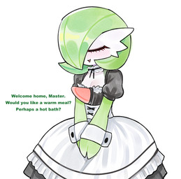 blush blush_lines breasts chest_spike cleavage clothed clothing cuffs_(clothing) dialogue eyelashes eyes_closed female front_view green_body green_hair hair maid_uniform master short_hair simple_background solo spikes spikes_(anatomy) talking_to_viewer text uniform white_background white_body 2x_(artist) nintendo pokemon gardevoir generation_3_pokemon humanoid pokemon_(species) english_text hi_res