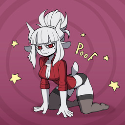all_fours anthro big_breasts breasts chest_tuft cleavage clothed clothing eyelashes female front_view fur hair hair_bun horn legwear looking_at_viewer mole_under_eye panties pink_background red_clothing red_eyes red_topwear short_hair simple_background smile solo stockings tear_trough text thick_thighs topwear tuft underwear white_body white_fur white_horn wide_hips mielle635 helltaker goat_lucifer_(helltaker) bovid caprine caprine_demon demon goat_demon mammal 1:1 absurd_res hi_res