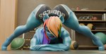 anthro athletic_wear ball blue_body blue_fur bottomwear clothed clothing dumbbell exercise_ball female fur gym_bottomwear gym_shorts hair inside looking_at_viewer multicolored_hair open_mouth rainbow_hair shorts solo text text_on_clothing weights wings leafytheleafer scrag_(modeler) blender_cycles friendship_is_magic hasbro my_little_pony mythology rainbow_dash_(mlp) equid equine horse mammal mythological_creature mythological_equine pegasus pony 3d_(artwork) blender_(artwork) digital_media_(artwork) hi_res widescreen