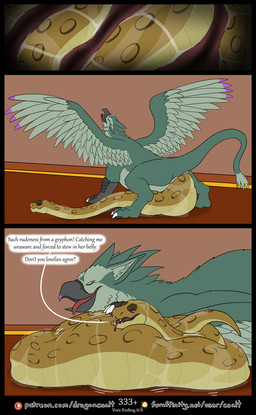 abdominal_bulge beak bodily_fluids dialogue duo eyes_closed feathered_wings feathers female feral forked_tongue full_tour furaffinity_logo green_body looking_pleasured open_mouth page_number partially_inside patreon_logo purple_eyes raised_tail safe_vore scales soft_vore speech_bubble tail tail_tuft text tongue tongue_out tuft unseen_prey vore wings yellow_body yellow_scales rimentus furaffinity mythology patreon emeralyn_(rimentus) vess_(rimentus) anaconda avian boa_(snake) boinae gryphon mythological_avian mythological_creature reptile scalie snake comic english_text hi_res url