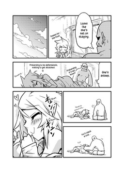 dialogue duo female humor male not_furry text jin_(mugenjin) elfxorc elf humanoid orc comic english_text hi_res monochrome