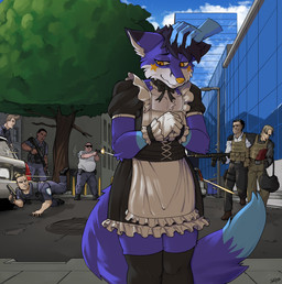 anthro ar-15 assault_rifle bashful black_clothing black_legwear black_thigh_highs blood blood_from_wound blue_body blue_fur bodily_fluids bow_ribbon city clothed clothing criminal crossdressing disembodied_hand femboy flak_jacket fur gloves gun gunfight gunfire handgun hands_together handwear headpat holding_assault_rifle holding_gun holding_handgun holding_object holding_pistol holding_ranged_weapon holding_weapon legwear maid_apron maid_uniform male outside pistol plant police police_officer ranged_weapon rifle robber shooting_gun shootout smile street street_lamp thigh_highs tree uniform weapon white_clothing white_gloves white_handwear wounded yellow_eyes yellow_nose fanteliscio canid canine fox human mammal absurd_res hi_res