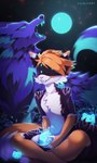 anthro blue_eyes duo fantasy fluffy fluffy_tail fur gaming grass hair magic magic_ball male moon nature night orange_body orange_fur orange_hair plant purple_body purple_fur smile tail teeth virtual_reality white_body white_fur liloli_(artist) canid canine canis felid feline ghost mammal spirit wolf hi_res