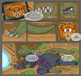 anthro blog blonde_hair border bottomwear clothed clothing dialogue duo female grey_border hair multicolored_body navel orange_hair post-apocalyptic red_eyes scientist size_difference suit tai-na text two_tone_body wasteland vylfgor dinosaur lagomorph leporid mammal prehistoric_species rabbit reptile scalie 2025 absurd_res comic digital_media_(artwork) english_text hi_res