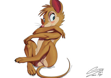 anthro blue_eyes blush blush_lines butt clitoral_hood crossed_arms crossed_legs female genitals legs_together simple_background sitting sitting_on_tail solo vulva white_background sabrotiger don_bluth the_secret_of_nimh mrs._brisby mammal mouse murid murine rodent wood_mouse digital_media_(artwork) hi_res