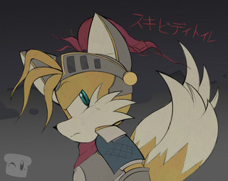 anthro armor blue_eyes fur headgear helmet male orange_body orange_fur serious_face simple_background solo text breadinatoarts sega sonic_the_hedgehog_(series) miles_prower canid canine fox mammal absurd_res hi_res translated