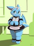1_horn anthro back_wings biped chastity_cage chastity_device cheek_tuft claws clothed clothing collar crossdressing cuff_(restraint) eyebrows facial_tuft grey_body horn inside looking_aside maid_headdress maid_uniform male membrane_(anatomy) membranous_wings overweight overweight_male partially_clothed restraints shackles solo toe_claws translucent translucent_clothing translucent_underwear tuft underwear uniform wings young young_anthro young_male ajin mythology chibimon_(character) dragon mythological_creature mythological_scalie scalie 2025 hi_res
