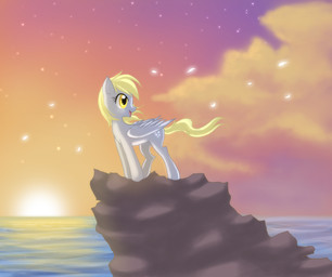 blonde_hair cloud cutie_mark feathered_wings feathers female feral fur grey_body grey_feathers grey_fur hair looking_back open_mouth outside quadruped sky solo star sun tail water wings yellow_eyes silberhoernchen friendship_is_magic hasbro my_little_pony mythology derpy_hooves_(mlp) equid equine mammal mythological_creature mythological_equine pegasus absurd_res hi_res