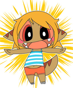 anthro blonde_hair blush bottomwear brown_body chibi clothed clothing fangs female hair looking_at_viewer navel shirt shorts simple_background smile solo tank_top teeth topwear young young_anthro young_female doneru tany_(doneru) bamfear adult_(lore)