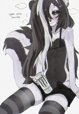 anthro bedroom_eyes beverage black_body black_eyelids black_fur black_hair blush bodily_fluids bottomwear bottomwear_pull clothing clothing_pull energy_drink eyebrow_piercing facial_piercing female flat_chested fluffy fur green_eyes hair hair_over_eye legwear long_hair looking_at_viewer multicolored_body multicolored_hair narrowed_eyes pattern_clothing pattern_legwear piercing seductive shorts slim smug smug_face solo stockings striped_clothing striped_legwear stripes sweat text two_tone_body two_tone_hair white_body white_fur yabeweny monster_energy michelle_(yabeweny) mammal mephitid skunk 2025 digital_media_(artwork) english_text hi_res