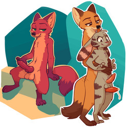 animal_genitalia animal_penis anthro anthro_on_anthro arm_tuft balls biped bodily_fluids brown_body brown_ears brown_fur canine_genitalia canine_penis cheek_tuft chest_tuft claws comparing comparing_penis countershade_fur countershade_torso countershading crotch_tuft dipstick_tail duo ear_markings elbow_tuft erection facial_markings facial_tuft from_behind_position fur fur_markings genital_fluids genitals gloves_(marking) green_background green_eyes half-closed_eyes head_lick head_markings head_tuft interspecies knee_tuft knot leg_markings leg_tuft licking licking_another licking_partner male male/male markings motion_lines multicolored_body multicolored_fur multicolored_tail narrowed_eyes neck_tuft nude orange_body orange_fur outline penis penis_size_difference precum predator/prey sex shoulder_tuft simple_background sitting size_difference smile socks_(marking) standing tail tail_markings tan_body tan_countershading tan_fur thigh_sex toe_claws tongue tongue_out tuft white_background white_outline fuel_(artist) disney zootopia jack_savage nick_wilde canid canine fox lagomorph leporid mammal rabbit red_fox true_fox 2021 absurd_res hi_res