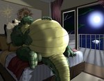 after_vore anthro bed belly big_belly black_claws claws death digestion fatal_vore feet furniture green_body hand_on_belly horizon light looking_at_belly lying lying_on_bed male moon moonlight night on_bed pillow plant sea sky smile solo star starry_sky teeth tree vore water window pandottermon alligator alligatorid crocodilian reptile scalie