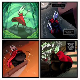 4_panel_comic anthro belly_touching_floor bench black_body black_carapace cloak clothing eating expansion female growth growth_sequence obese obese_female onomatopoeia outgrowing_clothes outside overweight overweight_female public red_cloak red_clothing scenic_background silk sitting solo sound_effects standing text text_box weapon weight_gain weight_gain_sequence white_face white_mask superspoe hollow_knight:_silksong hollow_knight_(franchise) team_cherry hornet_(hollow_knight) arachnid arthropod insect spider weaver_(hollow_knight) comic hi_res
