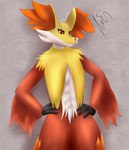 anthro cute_fangs eyebrows fangs fur inner_ear_fluff looking_at_viewer male muscular orange_eyes raised_eyebrow red_body red_fur simple_background smile smiling_at_viewer solo teeth tuft white_body white_fur yellow_body yellow_fur rusoide nintendo pokemon delphox generation_6_pokemon pokemon_(species) absurd_res hi_res