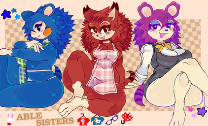 anthro apron apron_only arm_tuft black_eyes black_nose blue_body blue_eyeshadow blue_fur bottomwear brown_body brown_eyeshadow brown_fur clothing crossed_legs dipstick_ears ear_markings eyelashes eyeshadow feet female freckled_face freckles fur green_apron green_clothing grey_bottomwear grey_clothing grey_skirt grey_topwear grey_vest group leg_markings looking_at_viewer makeup markings multicolored_ears navel_outline orange_bow pink_apron pink_clothing purple_body purple_fur rosy_cheeks shoulder_tuft sitting skirt smile snaggle_tooth socks_(marking) striped_markings striped_tail stripes tail tail_markings text thick_thighs topwear trio tuft vest white_clothing white_topwear wide_hips miaval_tec animal_crossing nintendo label_able mabel_able sable_able eulipotyphlan hedgehog mammal hi_res