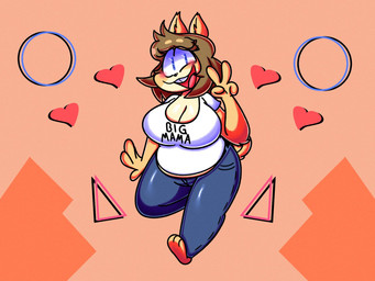 anthro big_breasts blue_bottomwear blue_clothing blue_eyes blue_pants blush bottomwear breasts brown_hair buckteeth clothed clothed_anthro clothed_female clothing female fur geometric_background gesture hair hand_gesture heart_symbol open_mouth open_smile pants shirt simple_background slightly_chubby slightly_chubby_anthro slightly_chubby_female smile solo t-shirt tan_body tan_fur teeth text text_on_clothing text_on_t-shirt text_on_topwear topwear v_sign white_clothing white_shirt white_t-shirt white_topwear pants_juice june_(jinu) canid canine canis domestic_dog mammal shiba_inu spitz 2021 4:3 digital_drawing_(artwork) digital_media_(artwork) english_description english_text full-length_portrait hi_res portrait