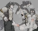 anthro anus backsack balls barazoku belt bent_over blush bodily_fluids butt chest_tuft claws clothed clothing erection front_view fur genital_fluids genitals grey_body grey_fur grin heart_symbol humanoid_genitalia humanoid_penis looking_at_viewer male motion_lines multiple_poses muscular muscular_anthro muscular_male nude nude_anthro open_clothing open_shirt open_topwear partially_clothed peeing penis pose precum presenting presenting_anus question_mark raised_tail rear_view shirt side_view sitting smile solo spread_legs spreading standing tail topwear tuft urine vein white_body white_fur yellow_eyes sohungr599123 canid canine canis mammal wolf 2024 hi_res sequence