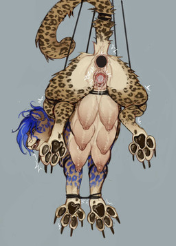 animal_genitalia animal_vulva bdsm blue_hair blue_spots bodily_fluids bound claws feline_genitalia feline_vulva female feral fur gaping genitals hair lactating multi_nipple multi_teat nipples paws questionable_consent raised_tail restrained_arms restrained_legs restrained_tail sex_toy shaking solo spots suspension tail teats teeth vibrator vulva yellow_body yellow_fur deadfingers bluebonnet cheetah felid feline mammal absurd_res hi_res trans_(lore) trans_man_(lore)