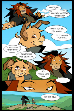 anthro cliff clothing coat comic_panel dialogue duo fingerless_gloves gloves hair handwear looking_at_another male mane mane_hair rear_view side_view speech_bubble sweater tail tail_tuft text topwear trenchcoat tuft turtleneck ksejl mello_(ksejl) rey_(ksejl) canid canine canis domestic_dog felid lion mammal pantherine 2:3 comic english_text full-length_portrait hi_res portrait