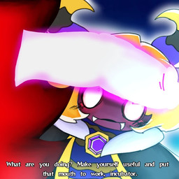 anthro aroused big_penis blonde_hair blush blush_lines brown_body clothed clothing crossgender degradation degradation_kink degradation_text duo erection erection_under_clothing fangs female fur genitals glowing glowing_eyes glowing_genitalia glowing_penis hair heart_pupils heart_symbol horn humanoid_genitalia imminent_knotting imminent_sex lipstick makeup male male/female or_magolor partially_clothed penis penis_awe penis_tentacles purple_eyes red_eyes retractable_penis simple_background smile submissive surprised teeth tentacles text white_penis kirby's_return_to_dream_land kirby_(series) nintendo super_kirby_clash team_kirby_clash_deluxe dark_taranza magolor arachnid arthropod felid feline felis humanoid insect mammal spider waddling_head 1:1 digital_media_(artwork) english_text shaded