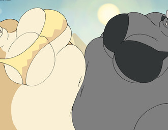 anthro belly belly_on_belly belly_squish big_belly big_breasts black_hair bottomwear bra breasts butt clothing deep_navel duo female fur grey_body grey_fur hair huge_belly huge_breasts huge_thighs light morbidly_obese morbidly_obese_anthro morbidly_obese_female multicolored_body multicolored_fur navel obese obese_anthro obese_female open_mouth overweight overweight_anthro overweight_female pyramid squish sun sunlight tan_body tan_fur thick_thighs topwear two_tone_body two_tone_fur underwear virus-20 aziza_jackal june_coyote canid canine canis coyote jackal mammal 2024 digital_media_(artwork) hi_res